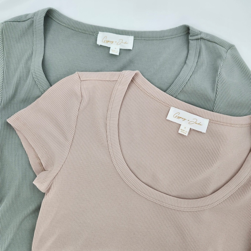 Gypsy + Jade Bundle of 2 Ribbed Scoop Neck Baby Tee Size S Tan Sage Indie Skater
